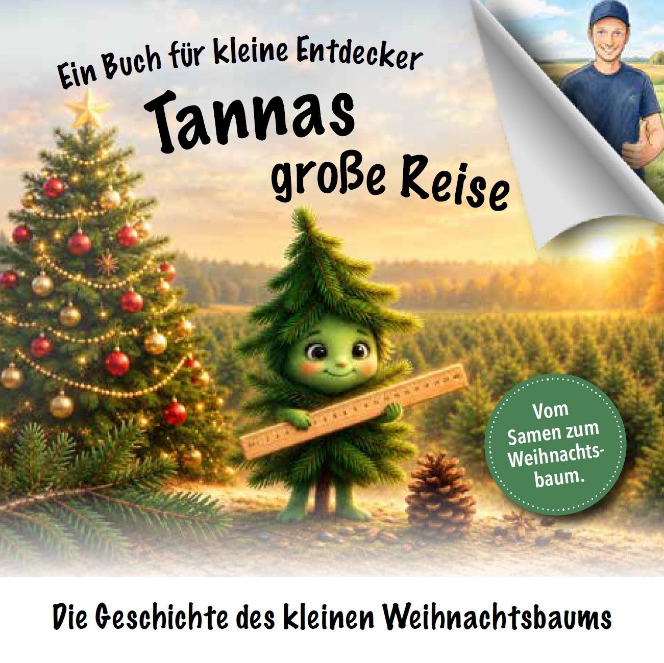 Kinderbuch „Tannas große Reise“ mit der kleinen Tanne auf dem Cover